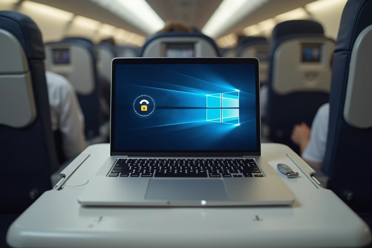 Ordinateur portable affichant une connexion Wi-Fi sécurisée sur un plateau de table d'avion Air France avec le réseau GPNet