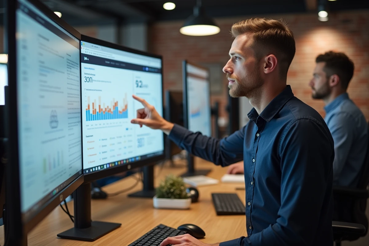 Consultant SEO examinant les données de trafic WordPress et WooCommerce sur un grand écran en espace de coworking