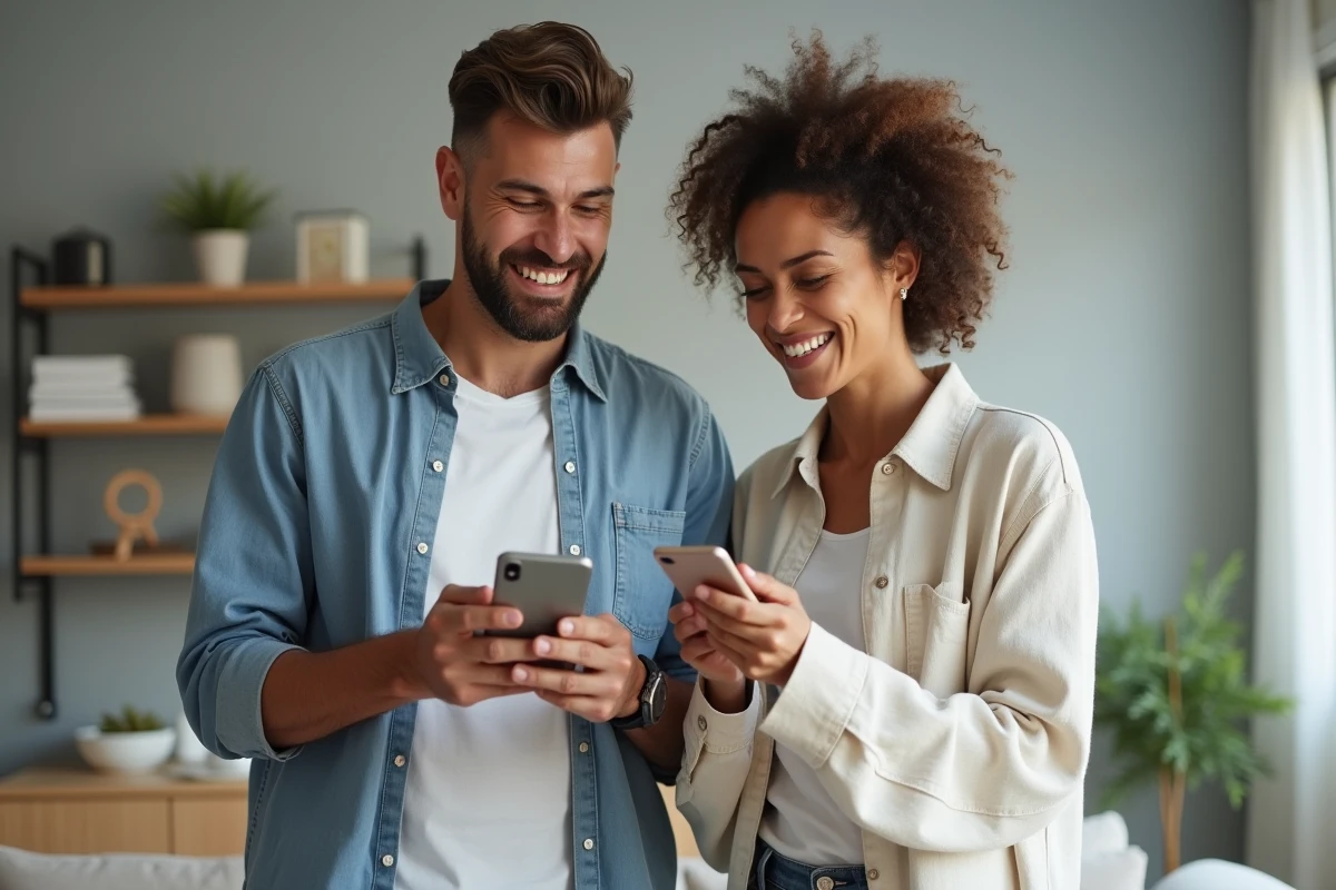 Couple de parents comparant deux modèles d'iPhone dans un salon moderne pour choisir le meilleur iPhone familial