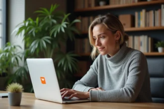 Femme configurant sa boîte mail Orange sur un ordinateur portable dans un bureau à domicile moderne