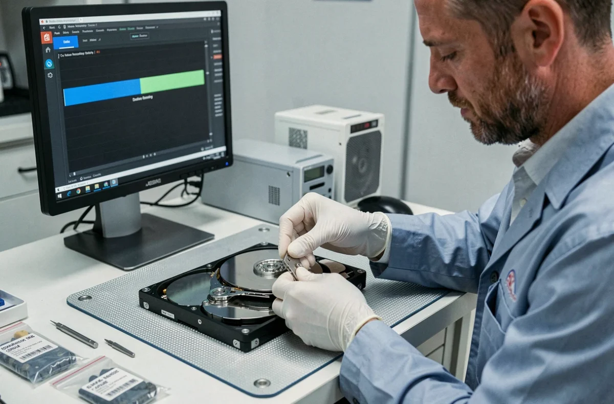 Technicien de Depann'Tout Informatique effectuant une récupération de données sur un disque dur défaillant