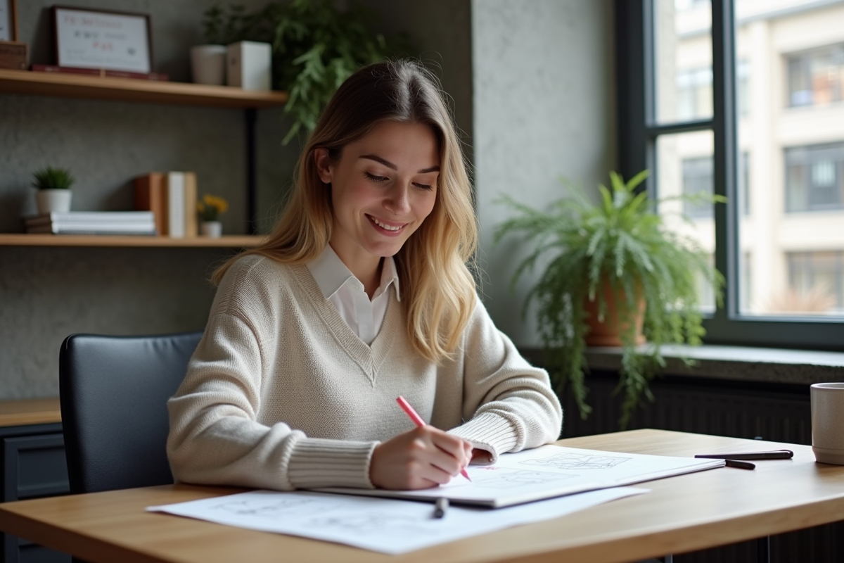 Designer UX dessinant sur papier dans son espace de travail