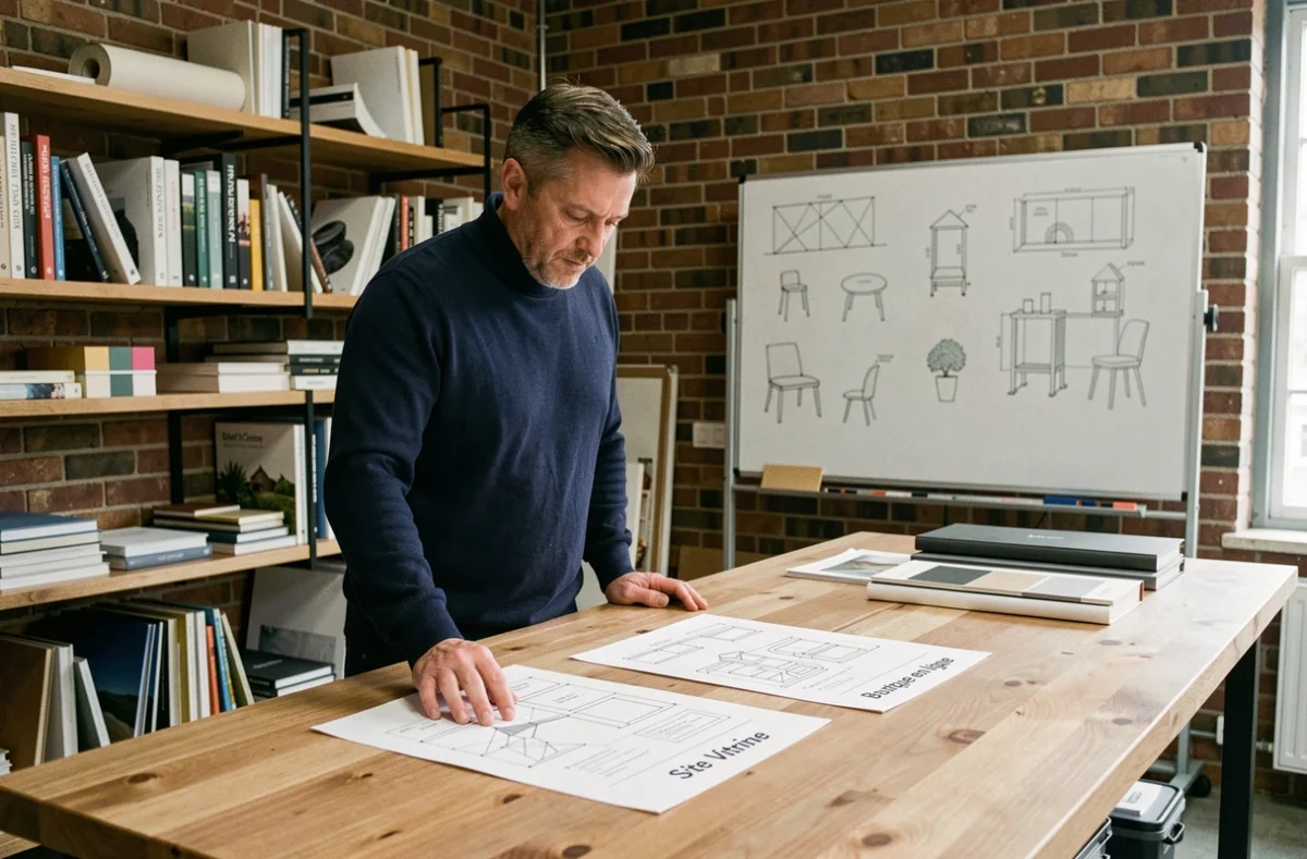 Designer masculin comparant des maquettes imprimées d'un site vitrine et d'une boutique en ligne dans un studio créatif