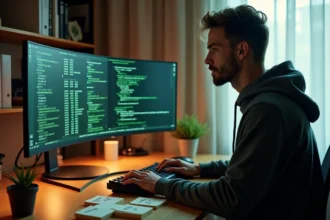Développeur utilisant Anaconda et pip dans un terminal sous VS Code sur un bureau moderne à domicile