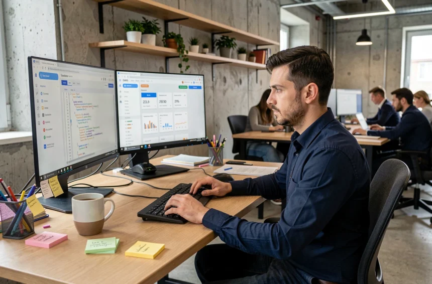 Développeur SaaS roumain travaillant sur un tableau de bord logiciel dans un bureau tech moderne à Bucarest