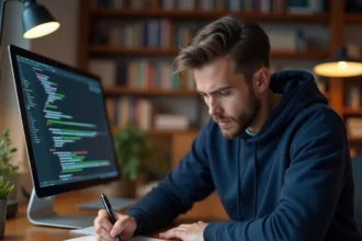Développeur assis à un bureau transformant un schéma MCD en requêtes SQL sur papier et écran