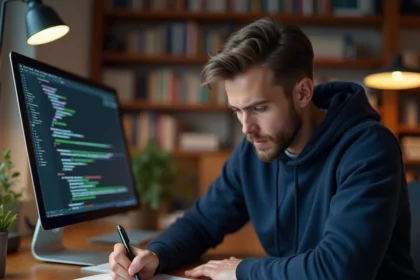 Développeur assis à un bureau transformant un schéma MCD en requêtes SQL sur papier et écran