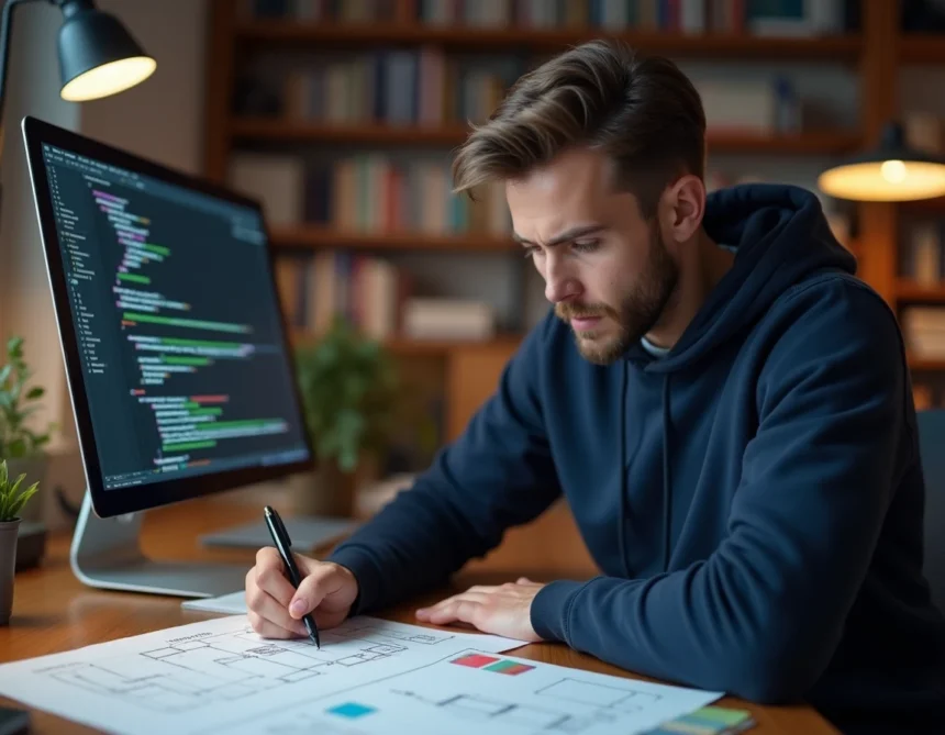 Développeur assis à un bureau transformant un schéma MCD en requêtes SQL sur papier et écran