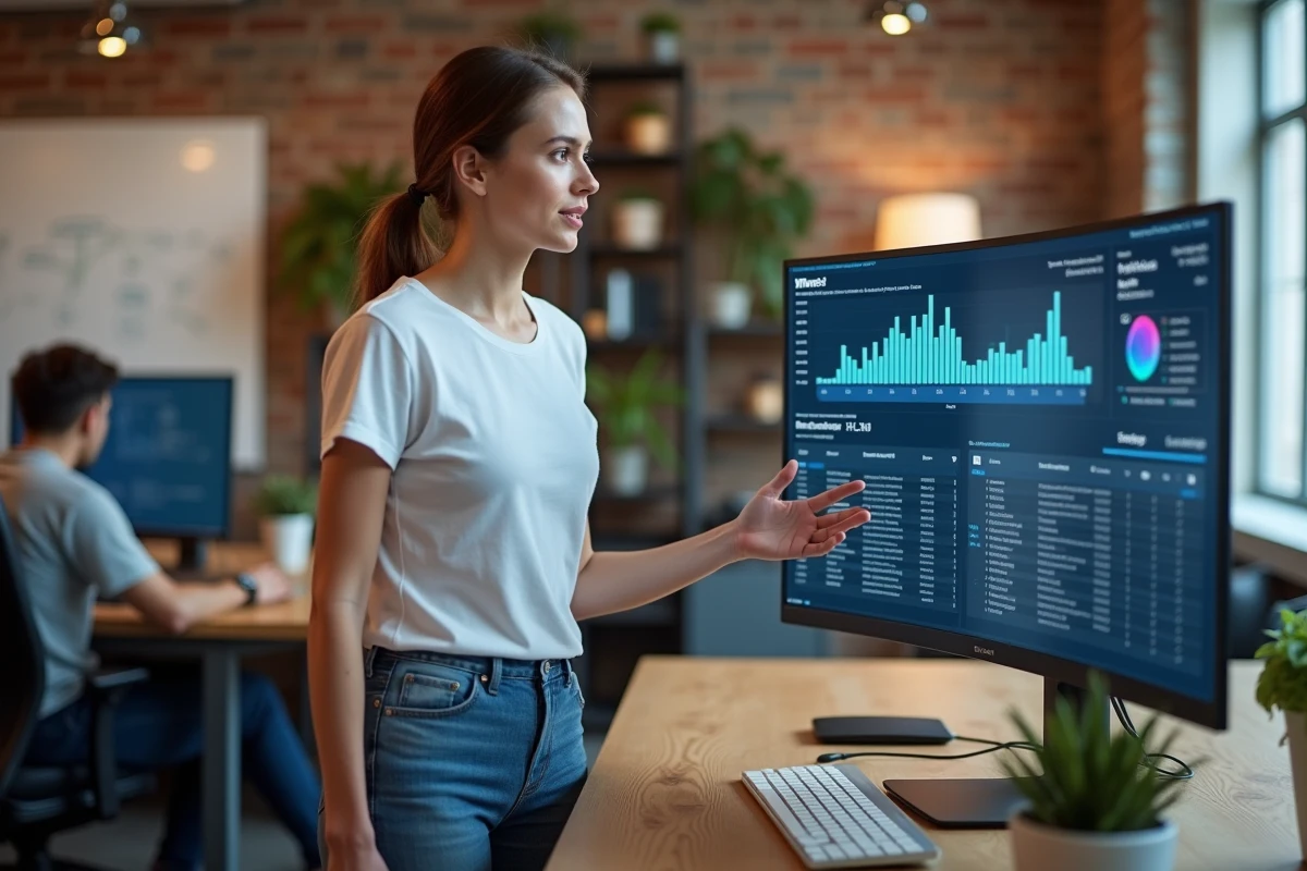 Développeuse pointant un tableau de bord VMware affichant le téléchargement d'une ISO Windows 7 et les performances de la machine virtuelle