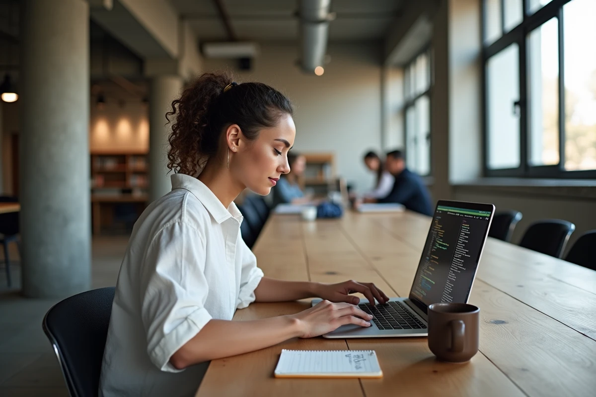 Développeuse résolvant des conflits de versions pip dans un environnement Miniconda en espace de coworking