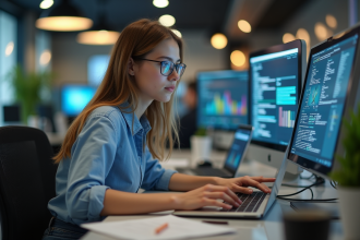 Jeune femme developpeuse en bureau moderne avec ecrans colorés