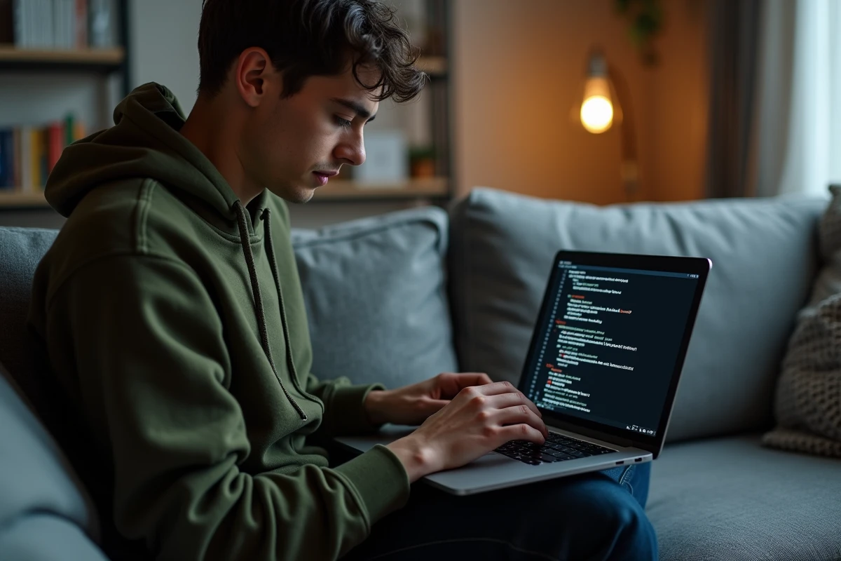 Jeune personne utilisant le Terminal sur MacBook Pro pour diagnostiquer pourquoi la touche Maj ne fonctionne que d'un seul côté