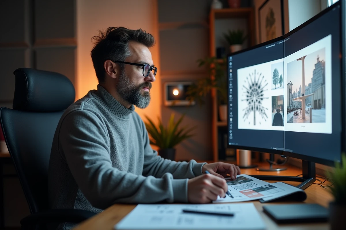 Directeur artistique concentré en train d'éditer une vidéo de marque dans un studio professionnel à domicile avec équipements créatifs