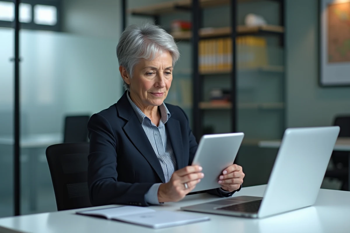 Directrice d'école consultant ses mails DSDEN 64 synchronisés sur tablette et ordinateur portable dans son bureau