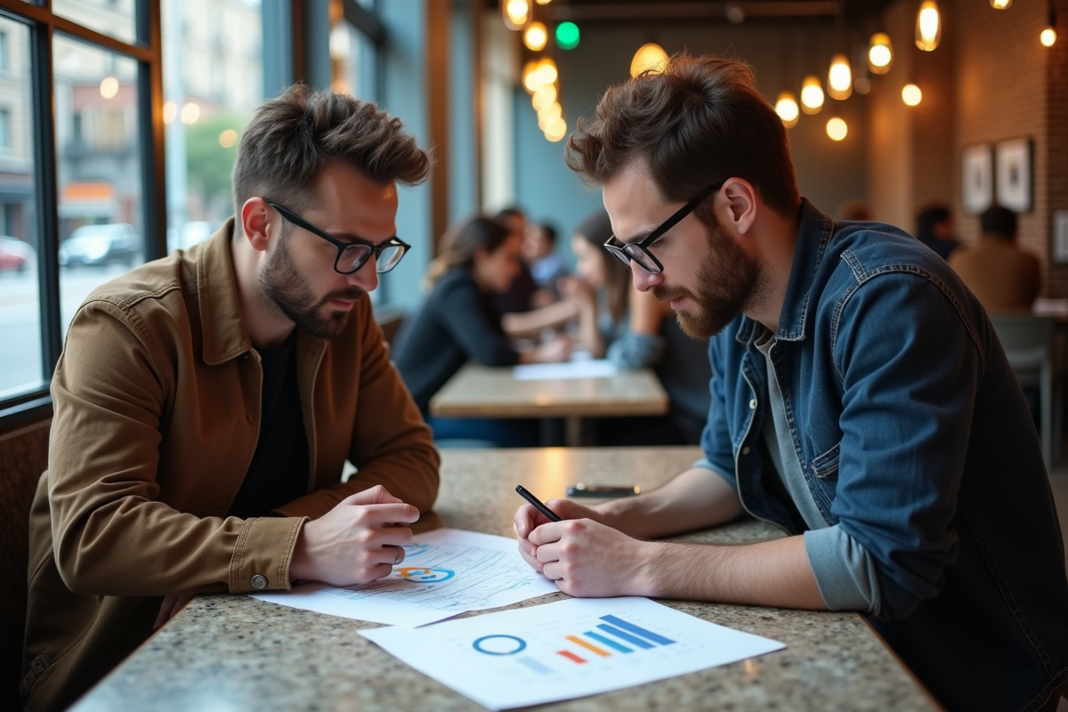 Deux hommes discutant autour d un café avec documents analytiques