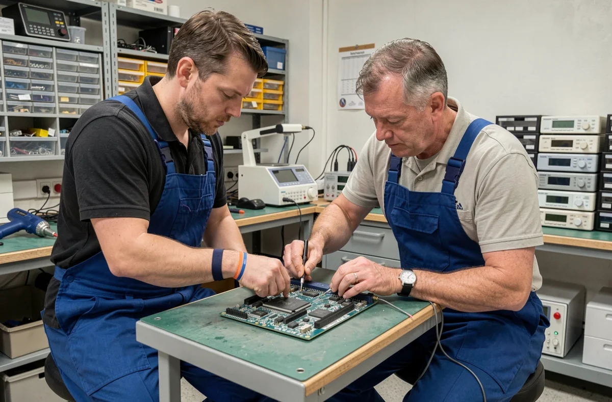 Technicien de DRD Electronic diagnostiquant une carte mère à Saint-Brieuc