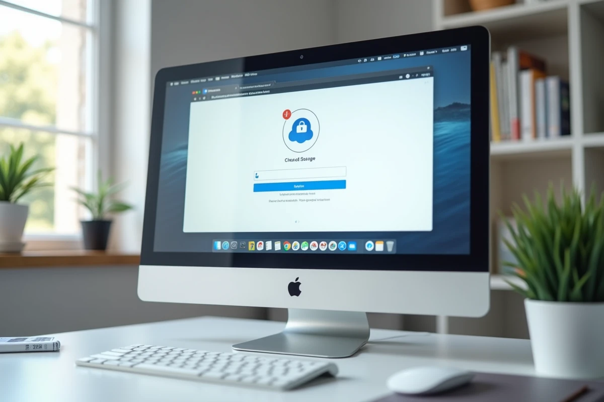 Écran d'ordinateur affichant une erreur de connexion sur un service de stockage cloud avec clavier et carnet sur un bureau minimaliste