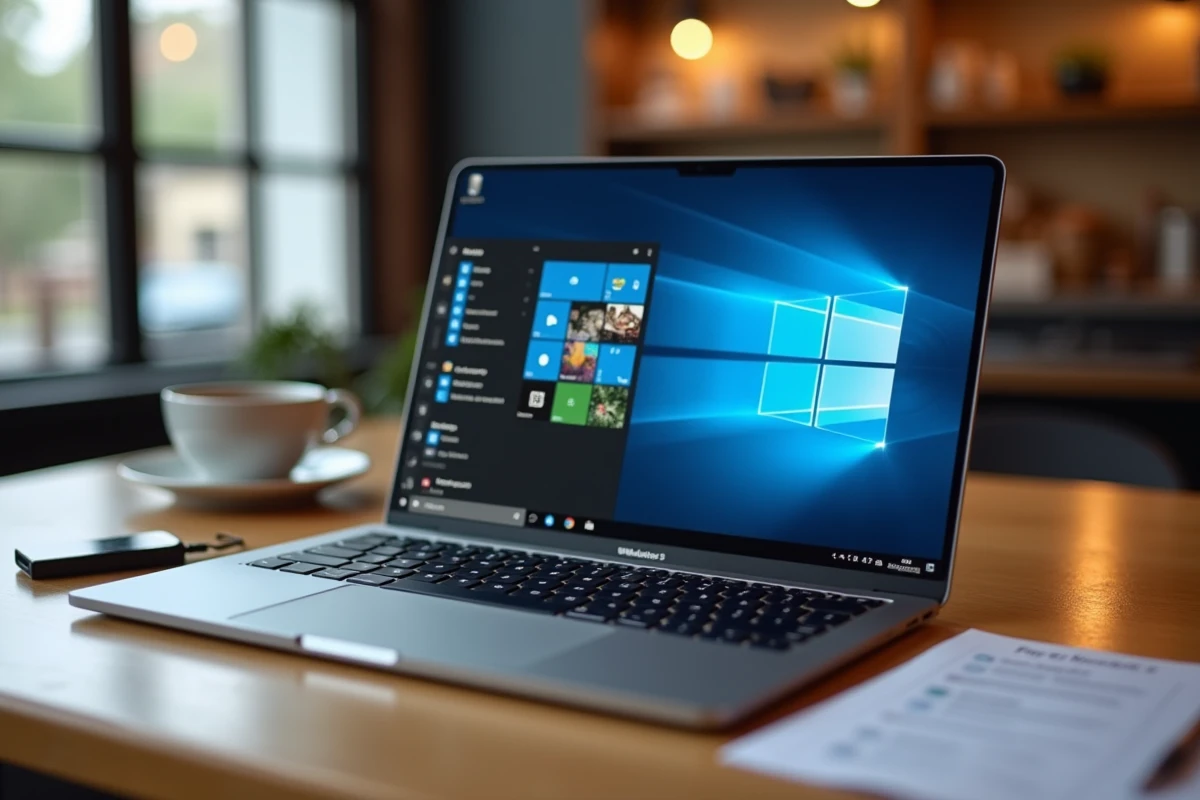 Écran d'ordinateur portable affichant une machine virtuelle VMware avec le bureau Windows 7 en cours d'exécution