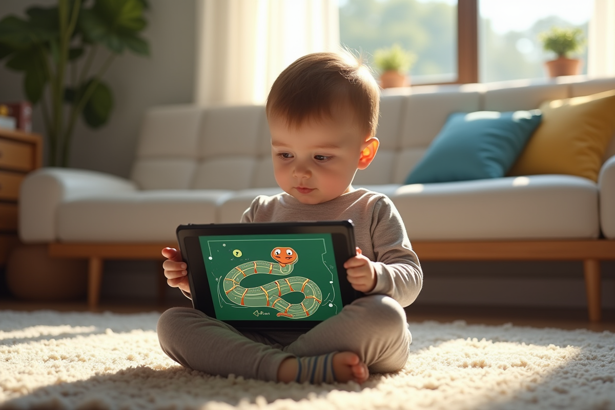 Enfant concentré jouant au jeu snake sur tablette dans le salon