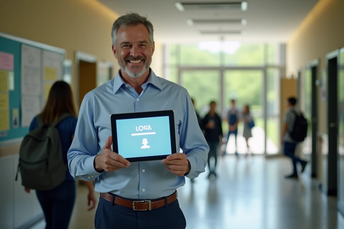 Enseignant avec une tablette dans un couloir d