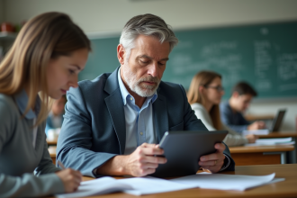 Professeur assis avec tablette dans classe lumineuse