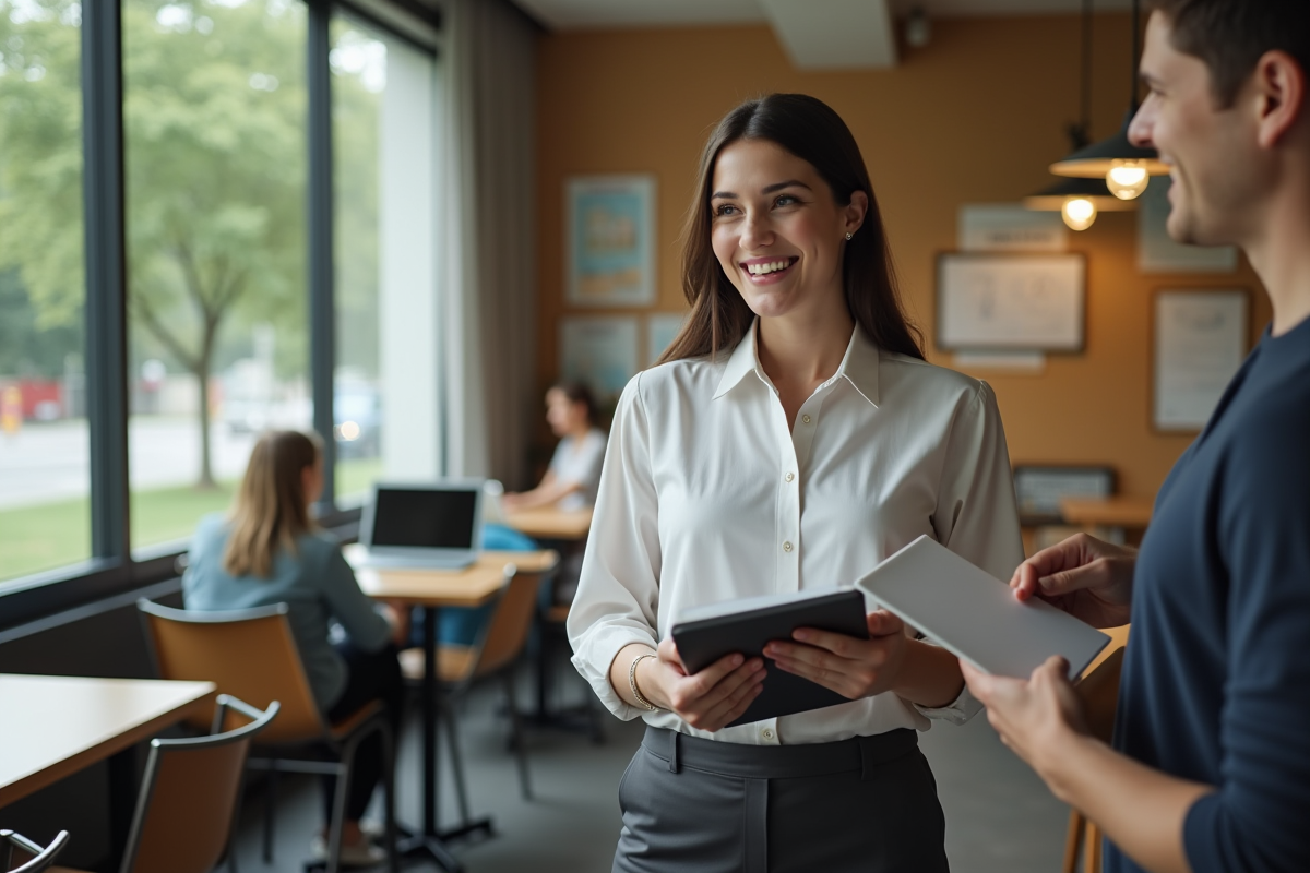 Jeune enseignante discutant avec collègue dans lounge