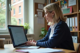Enseignante synchronisant ses mails sur la messagerie DSDEN 64 et l'ENT depuis son bureau dans une école