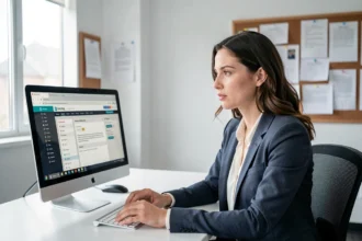 Enseignante remplaçante TZR consultant le portail intranet académique sur un ordinateur de bureau dans une salle des professeurs