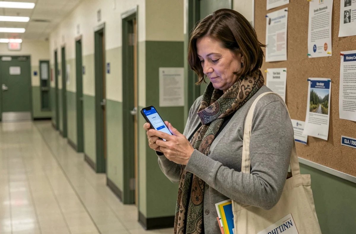 Enseignante TZR consultant l'intranet ac-amiens sur smartphone dans un couloir d'établissement scolaire