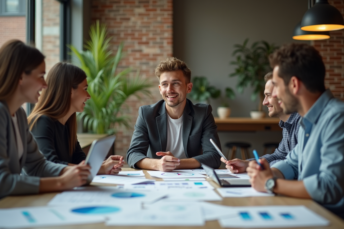 Jeune homme en discussion avec équipe autour de graphiques et table