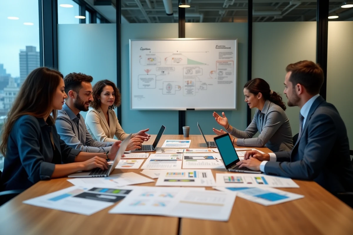 Équipe créative multidisciplinaire collaborant autour d'une table sur une stratégie de transformation de marque multimédia