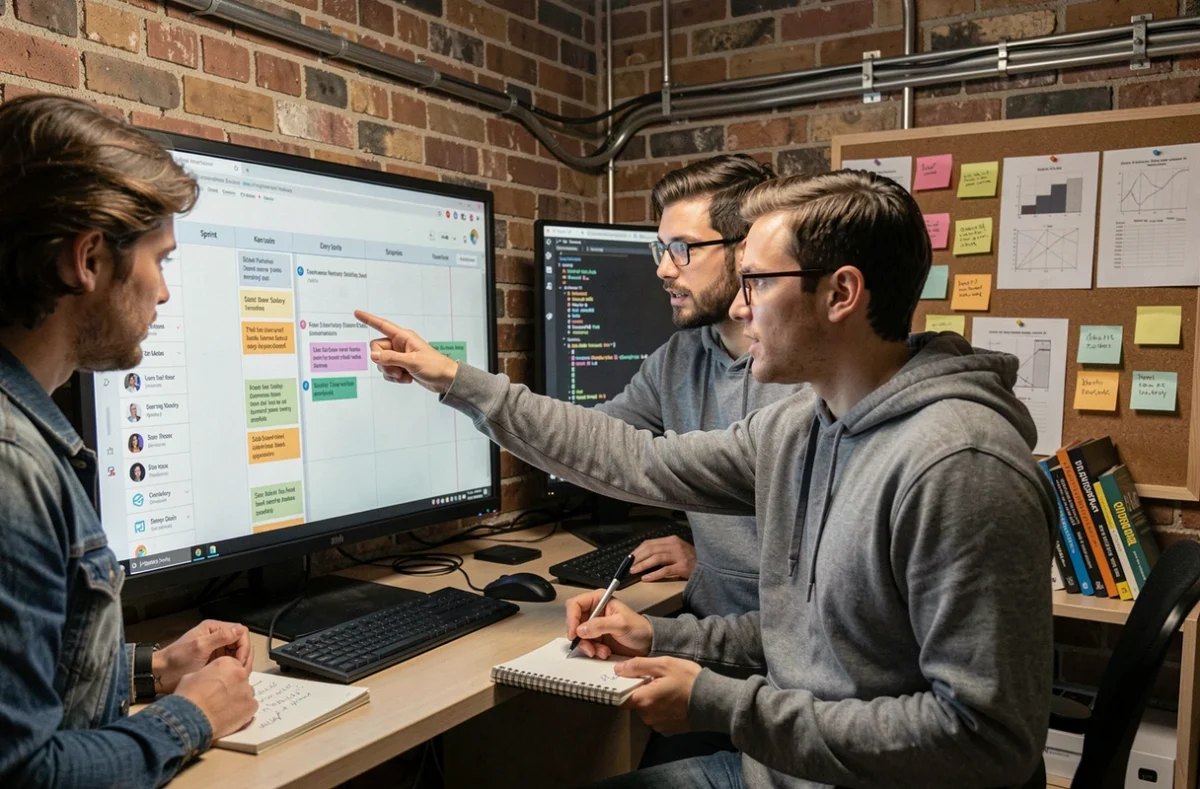 Équipe de développeurs SaaS en session agile planifiant les délais de livraison sur un tableau Kanban numérique