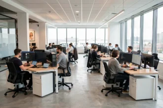 Équipe informatique au travail dans un bureau moderne