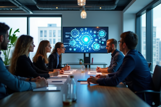 Groupe diversifié en réunion marketing avec écrans numériques