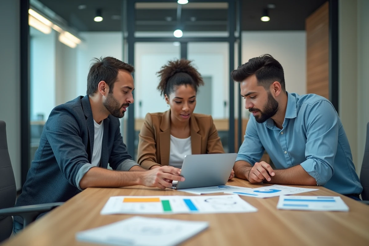 Équipe de professionnels en réunion discutant des avantages et risques d'un outil de transfert de fichiers en entreprise