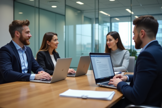 Groupe de professionnels collaborant autour d'un ordinateur