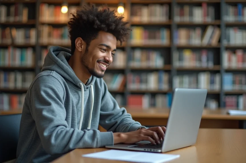 Etudiant souriant devant son ordinateur à la bibliothèque