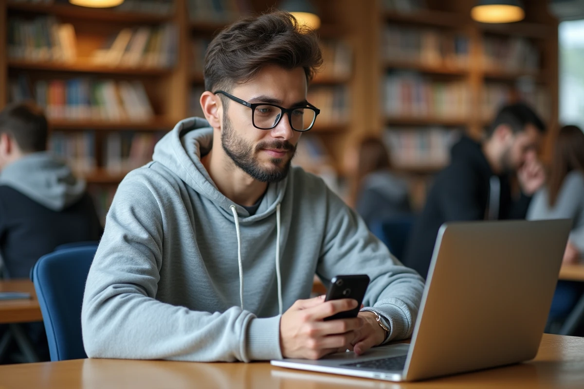 Étudiant activant la double authentification sur son smartphone pour sécuriser son accès webmail en bibliothèque universitaire