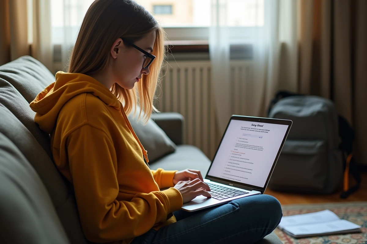 Étudiante en appartement suivant un tutoriel de redirection de messagerie académique sur son ordinateur portable