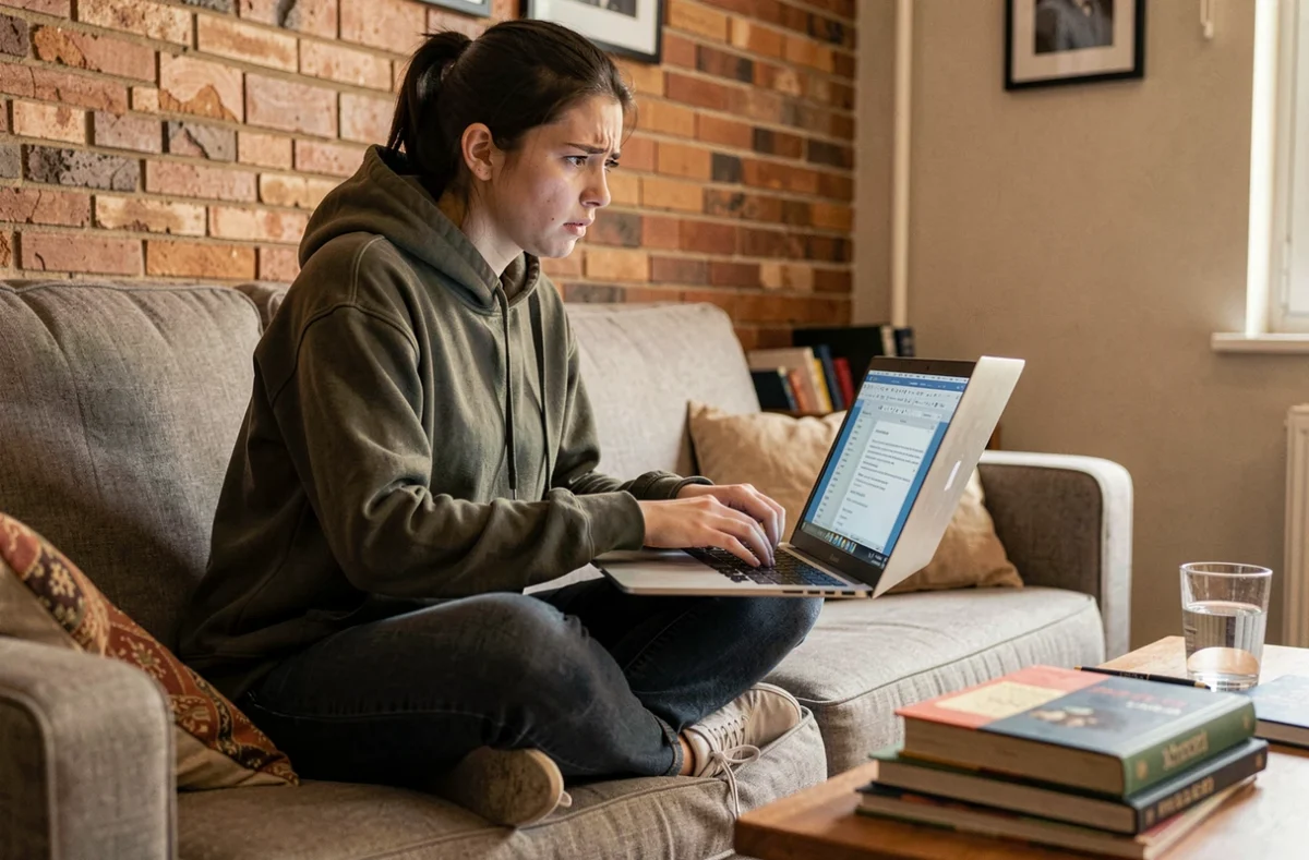 Étudiante sur un canapé utilisant un raccourci clavier pour effacer une page vide dans Word