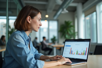 Jeune femme analysant des graphiques colorés sur son ordinateur