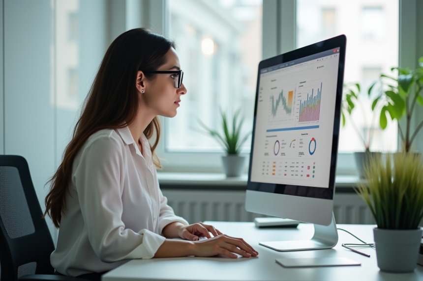 Femme concentrée analysant un tableau de bord de recherche