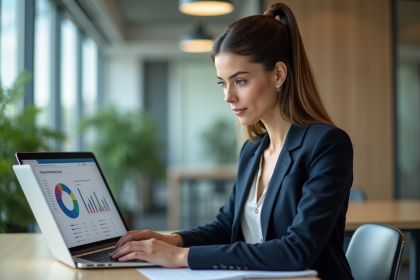 Jeune femme en blazer analysant des données marketing