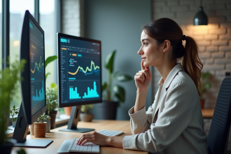 Jeune femme analysant des données SEO sur un grand écran