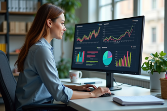 Femme professionnelle analyse des graphiques de données dans un bureau lumineux