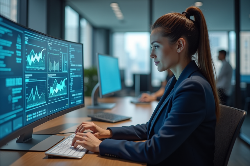 Femme professionnelle analysant des données sur un écran numérique