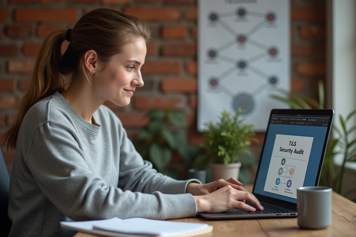 Jeune femme travaillant sur un audit de sécurité informatique à la maison