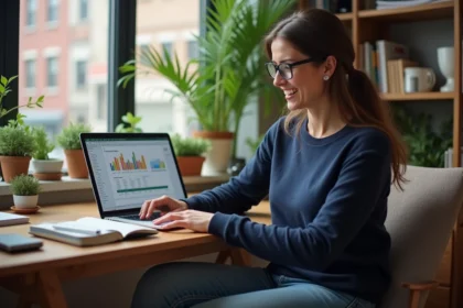 Femme concentrée à son bureau en train de saisir des chiffres dans un tableau Excel
