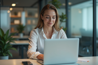 Femme concentrée au bureau moderne avec ordinateur et téléphone