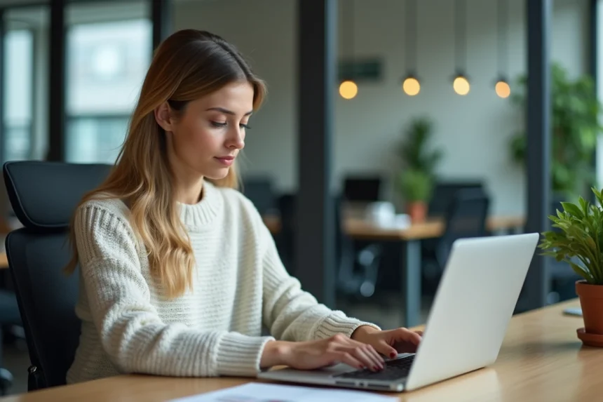 Femme concentrée au bureau avec ordinateur portable